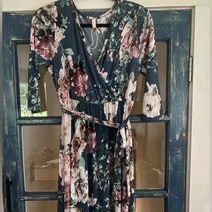 Pink Blush Blue Floral Front Wrap V-Neck Maxi Dress